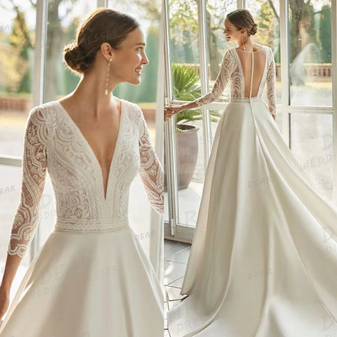 Elegant Wedding Dresses Women's Sexy V Neck Long Sleeve Backless Gowns with Sweep Train